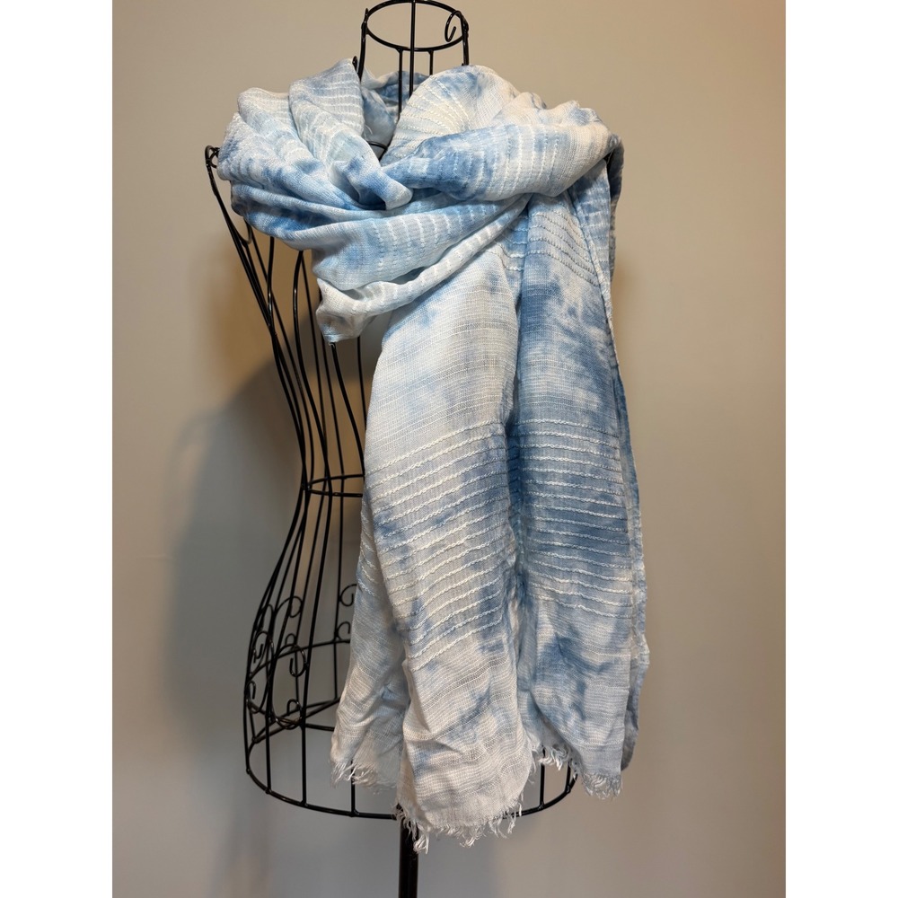 Avenue 9 Clouds‎ in the Sky Blue White Tie Dye Frayed Scarf Wrap 74x29 NEW